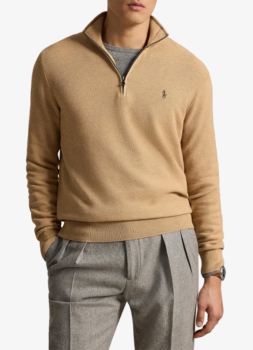 Ralph Lauren Fijngebreide trui met halve rits en logoborduring - voorkant 2 camel melange / bruin