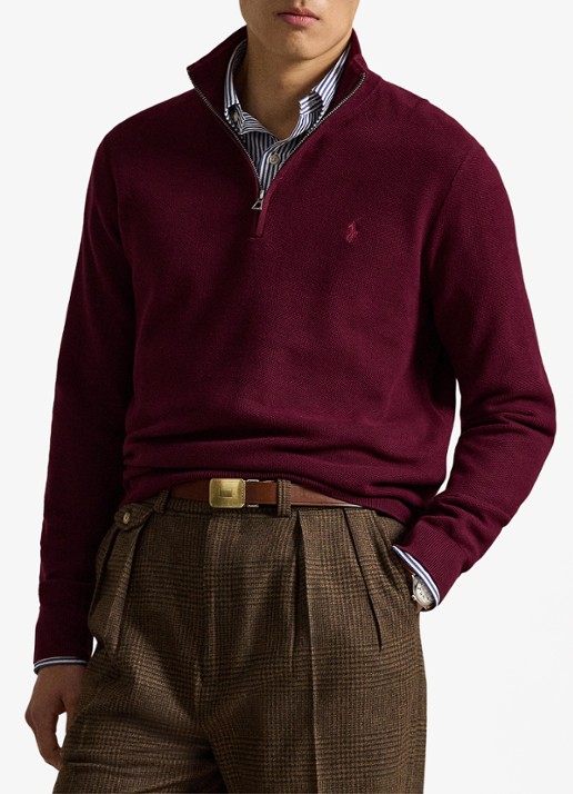 Ralph Lauren Fijngebreide trui met halve rits en logoborduring - voorkant 5 merlot wine heather / rood
