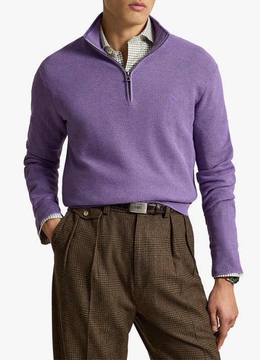 Ralph Lauren Fijngebreide trui met halve rits en logoborduring - voorkant 5 light coronet purple heather / lichtpaars