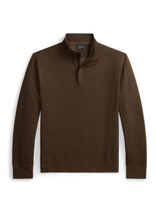 Ralph Lauren Fijngebreide trui met halve rits en visgraatdessin - voorkant 2 cedar herringbone / donkerbruin