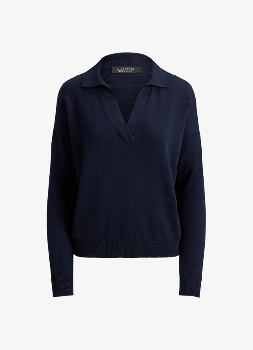 Ralph Lauren Fijngebreide trui met kraag - voorkant lauren navy / blauw
