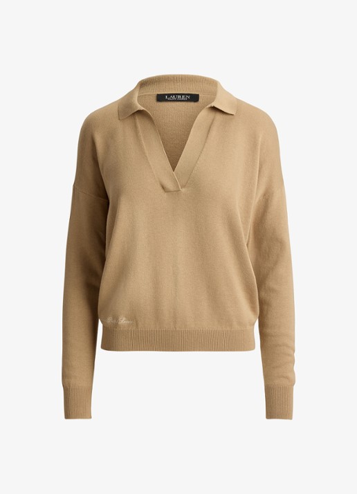 Ralph Lauren Fijngebreide trui met kraag - voorkant 3 birch tan / beige