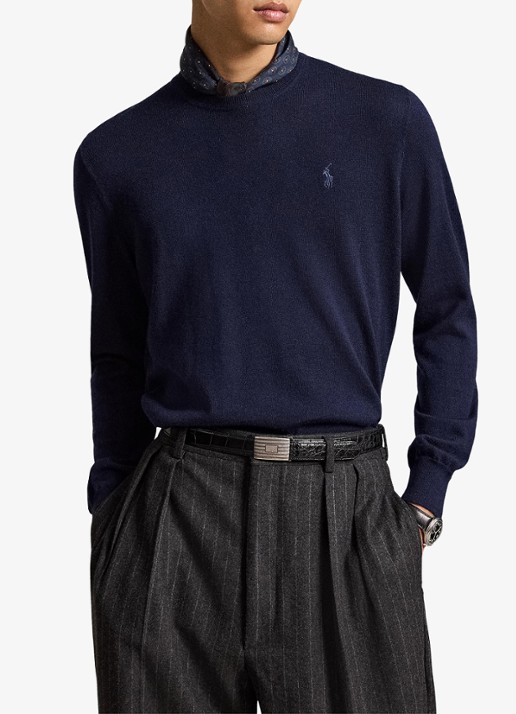 Ralph Lauren Fijngebreide trui met logoborduring - voorkant 5 hunter navy / donkerblauw