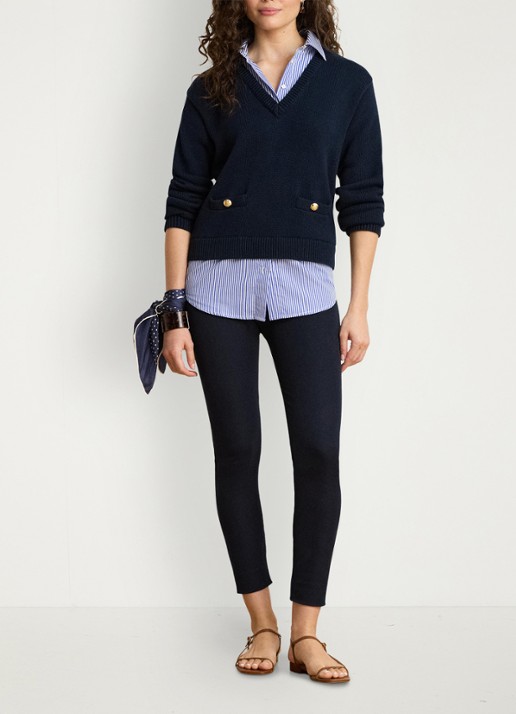 Ralph Lauren Fijngebreide trui met V-hals  - voorkant 2 lauren navy multi / blauw