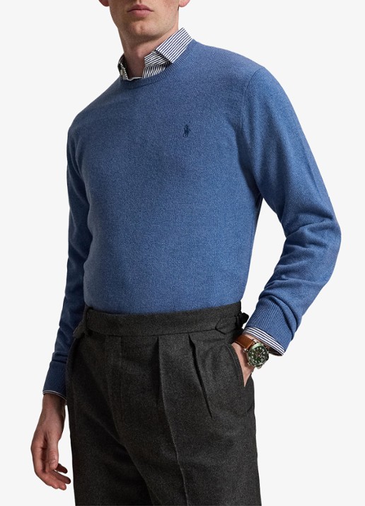 Ralph Lauren Fijngebreide trui van wol met logoborduring - voorkant 2 blue borage heather / blauw
