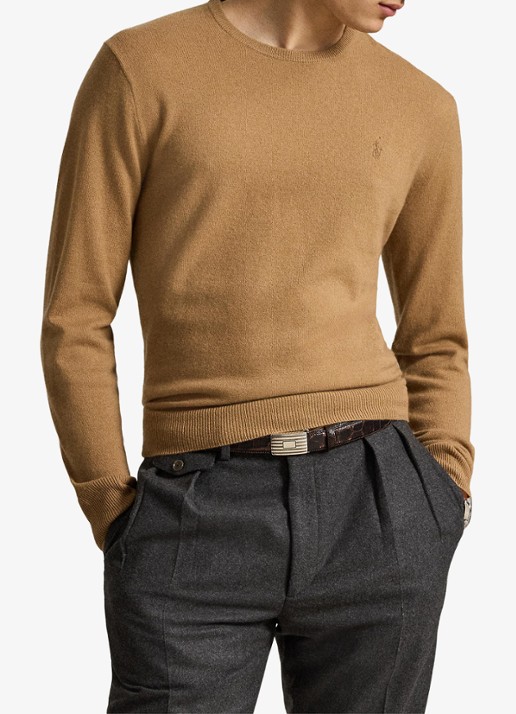 Ralph Lauren Fijngebreide trui van wol met logoborduring - voorkant 2 crouton tan heather / beige