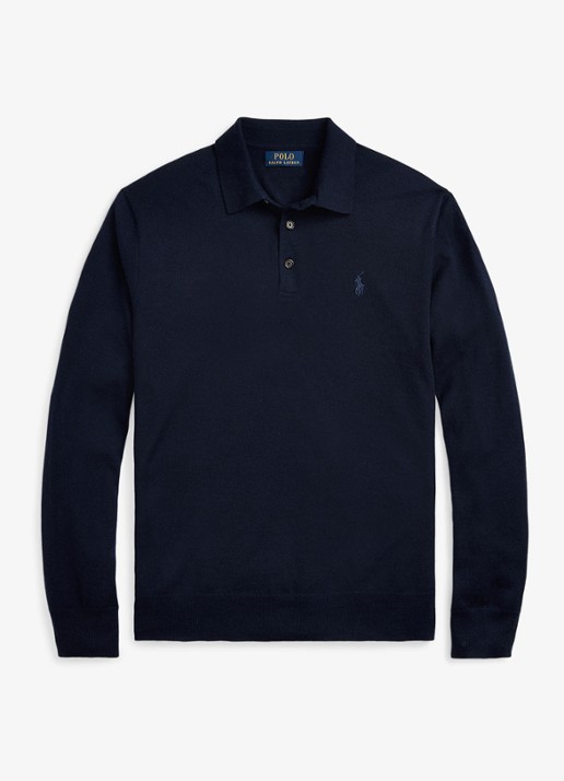Ralph Lauren Fijngebreide trui van wol met polokraag - voorkant 2 blauw