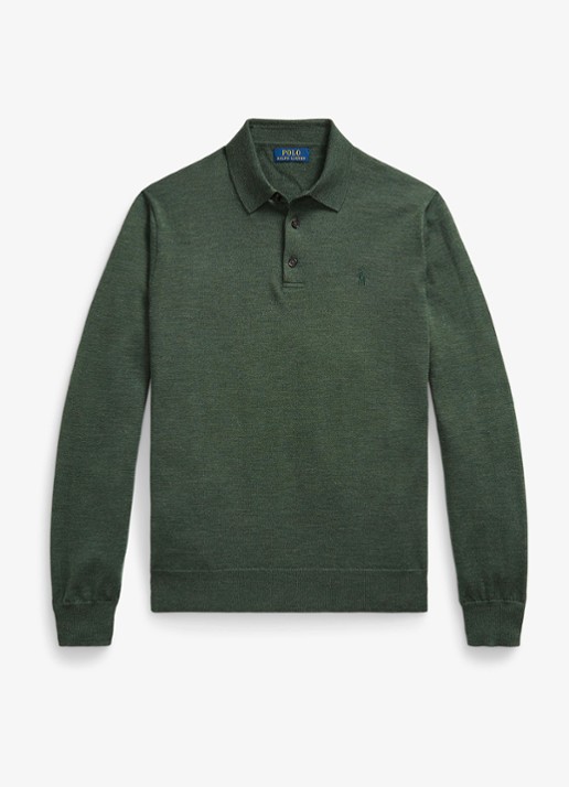 Ralph Lauren Fijngebreide trui van wol met polokraag - voorkant lodgepole pine heather / groen