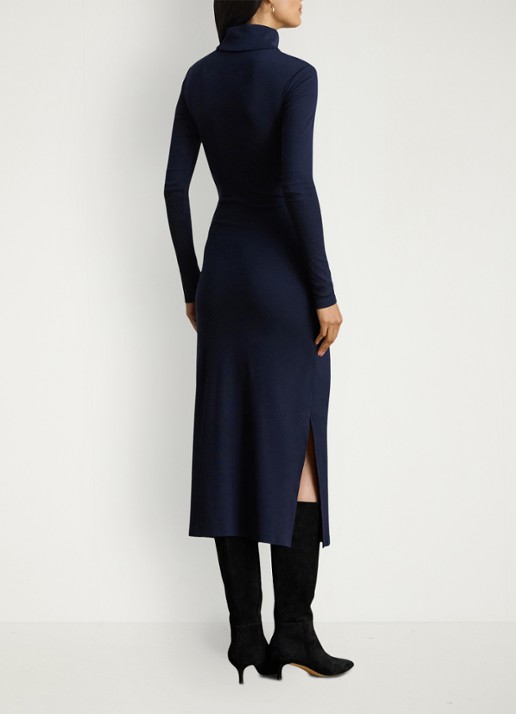 Ralph Lauren FIjngebriede midi jurk met col en strikdetail - achterkant donkerblauw