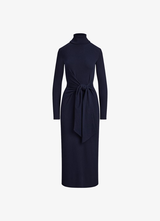 Ralph Lauren FIjngebriede midi jurk met col en strikdetail - voorkant 2 donkerblauw