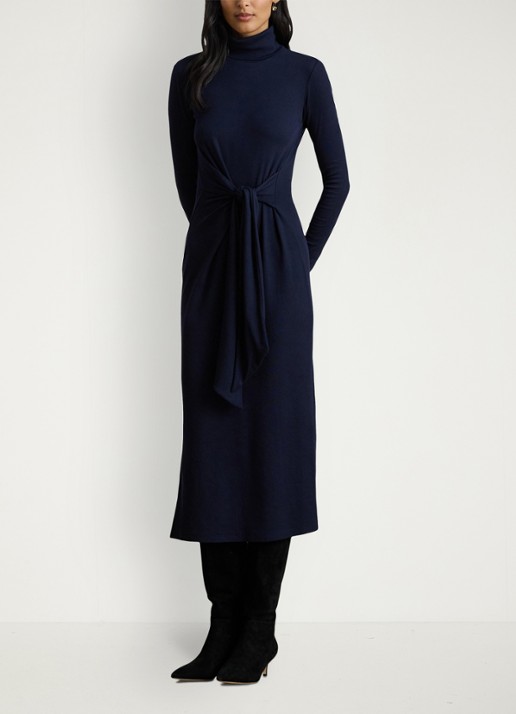 Ralph Lauren FIjngebriede midi jurk met col en strikdetail - voorkant 3 donkerblauw