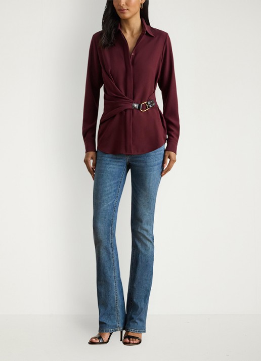 Ralph Lauren Georgette blouse met gespdetail - voorkant 2 dark garnet / bordeauxrood