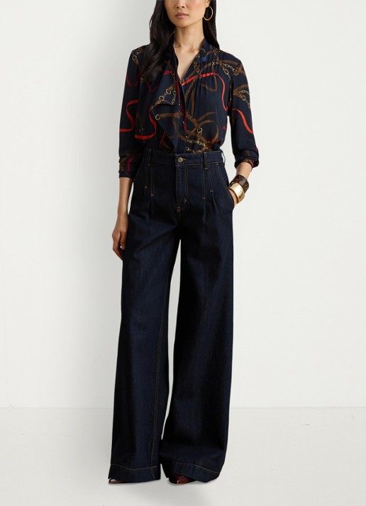 Ralph Lauren Georgette blouse met plooidetail - voorkant 3 donkerblauw