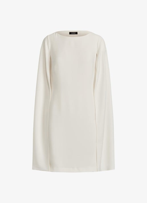 Ralph Lauren Georgette cocktailjurk met cape - voorkant 3 creme
