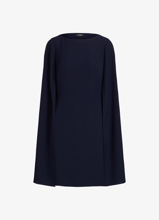 Ralph Lauren Georgette cocktailjurk met cape - voorkant 3 lighthouse navy / donkerblauw