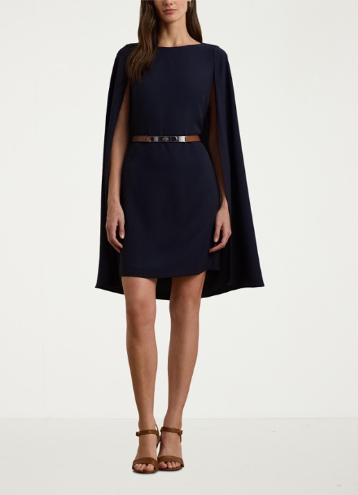 Ralph Lauren Georgette cocktailjurk met cape - voorkant 4 lighthouse navy / donkerblauw