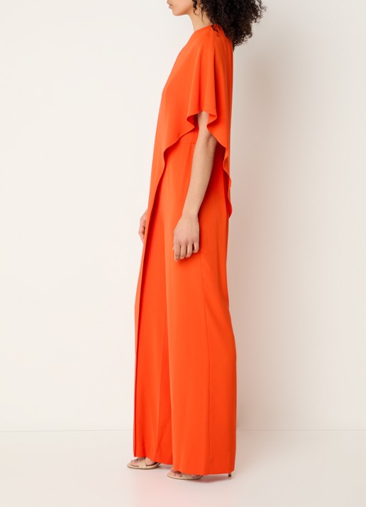 Ralph Lauren Georgette jumpsuit met blote schouder - voorkant 2 oranjerood
