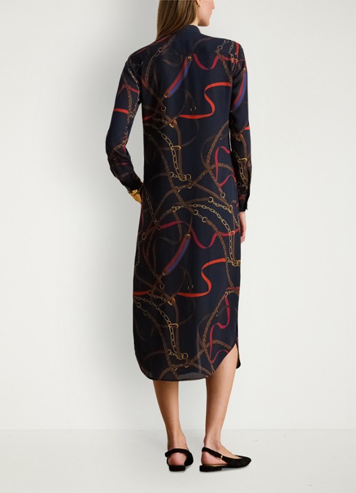 Ralph Lauren Georgette midi blousejurk met sjaalkraag en grafische print - achterkant zwart