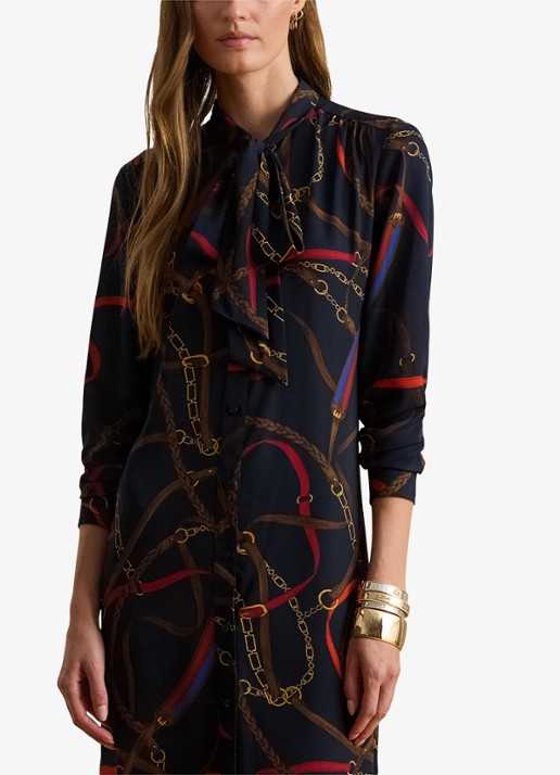 Ralph Lauren Georgette midi blousejurk met sjaalkraag en grafische print - detail 4 zwart
