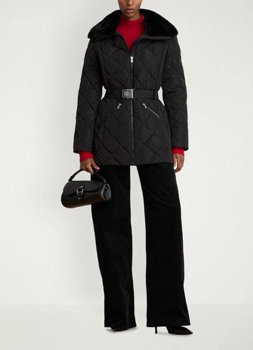 Ralph Lauren Gewatteerde jas met quilt patroon en ceintuur - detail 3 zwart