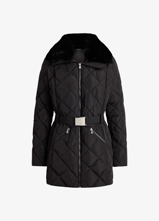 Ralph Lauren Gewatteerde jas met quilt patroon en ceintuur - voorkant zwart