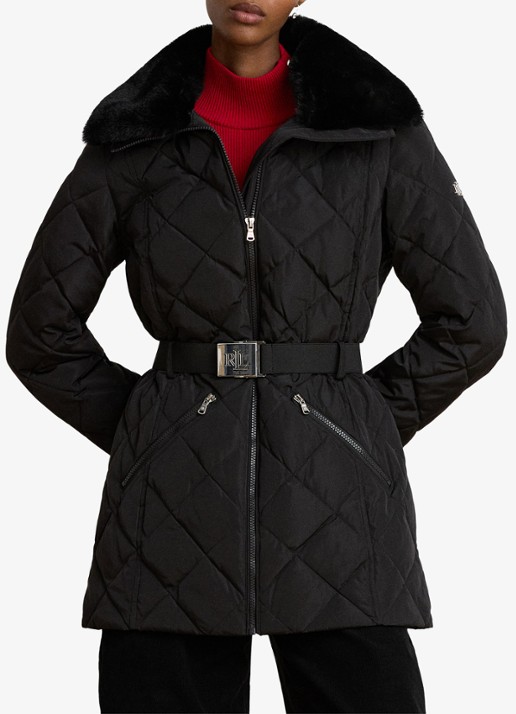 Ralph Lauren Gewatteerde jas met quilt patroon en ceintuur - voorkant 2 zwart