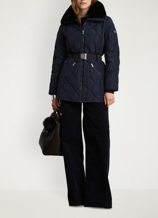 Ralph Lauren Gewatteerde jas met quilt patroon en ceintuur - detail blauw