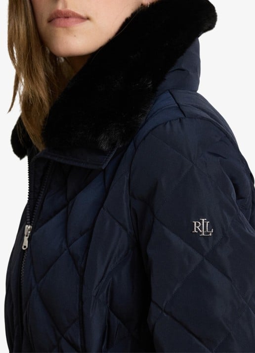 Ralph Lauren Gewatteerde jas met quilt patroon en ceintuur - detail 2 blauw