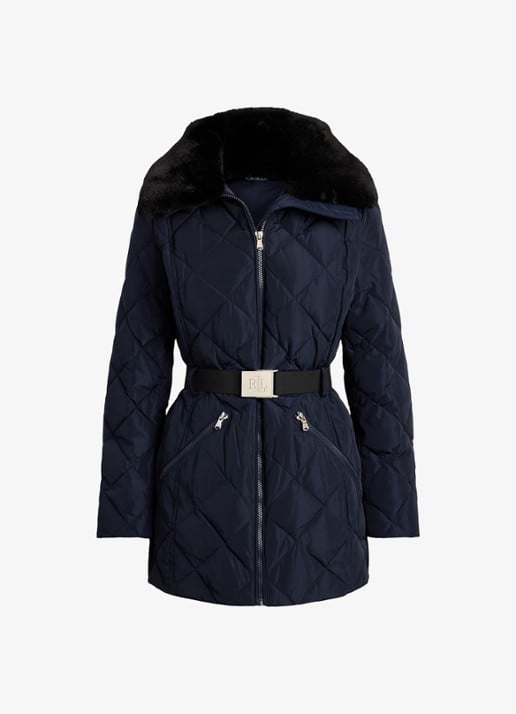 Ralph Lauren Gewatteerde jas met quilt patroon en ceintuur - voorkant 3 blauw