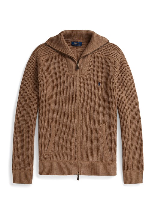 Ralph Lauren Grofgebreid vest in wolblend met logoborduring - voorkant 2 brown sugar melange / bruin