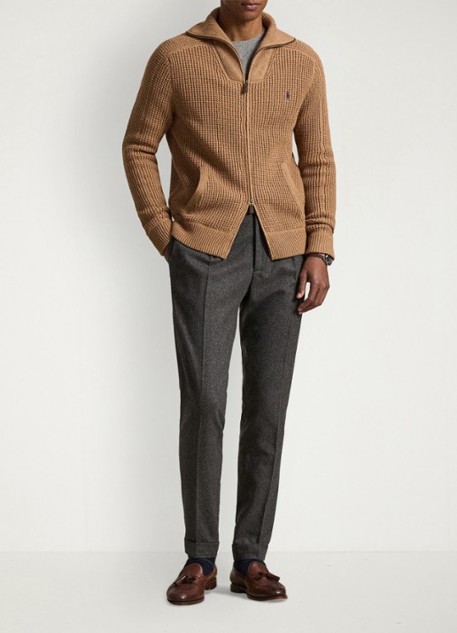Ralph Lauren Grofgebreid vest in wolblend met logoborduring - voorkant 3 brown sugar melange / bruin