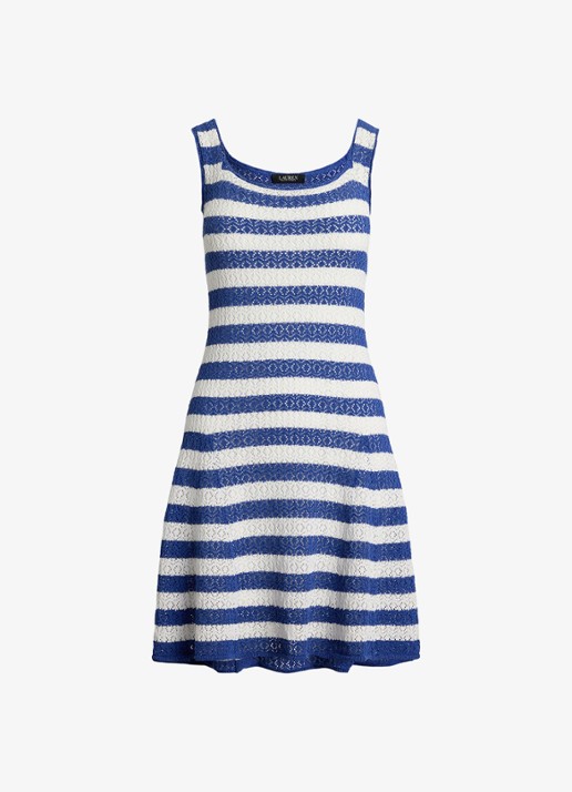 Ralph Lauren Grofgebreide mini jurk met streepprint - voorkant 2 blauw