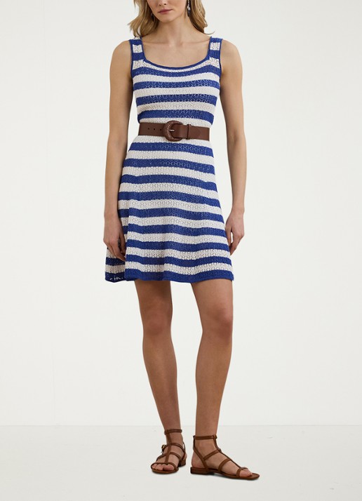 Ralph Lauren Grofgebreide mini jurk met streepprint - voorkant 3 blauw