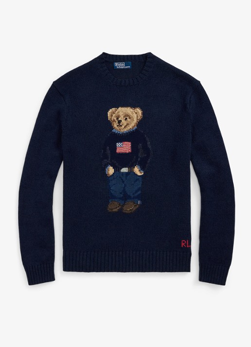 Ralph Lauren Grofgebreide trui in linnenblend met ingebreid logo - voorkant 4 bear navy / donkerblauw