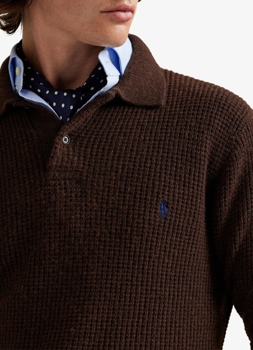Ralph Lauren Grofgebreide trui in wolblend met polokraag - detail 4 cocao brown heather / donkerbruin