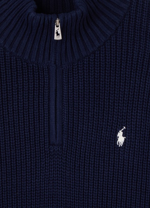 Ralph Lauren Grofgebreide trui met halve rits - detail donkerblauw