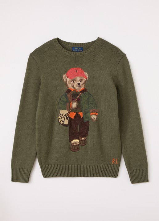 Ralph Lauren Grofgebreide trui met ingebreide logoprint - voorkant olijfgroen