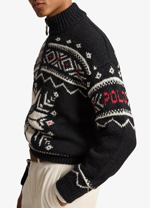 Ralph Lauren Grofgebreide trui van wol met ingebreid patroon en halve rits - detail 2 black combo / zwart