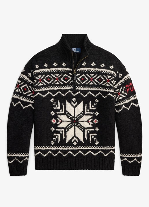 Ralph Lauren Grofgebreide trui van wol met ingebreid patroon en halve rits - voorkant 3 black combo / zwart