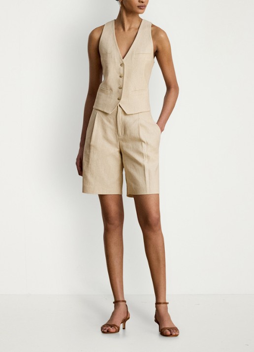 Ralph Lauren High waist loose fit korte pantalon met steekzakken - voorkant 5 tan/cream multi / crème