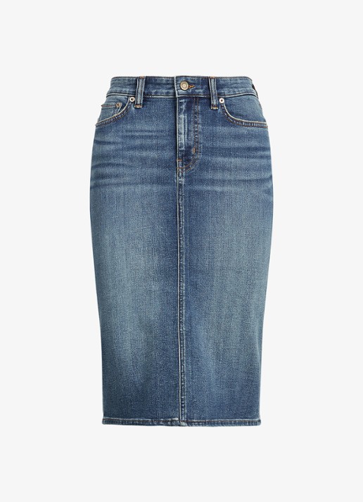 Ralph Lauren High waist midi spijkerrok met steekzakken - voorkant 9 sunset indigo wash / indigo