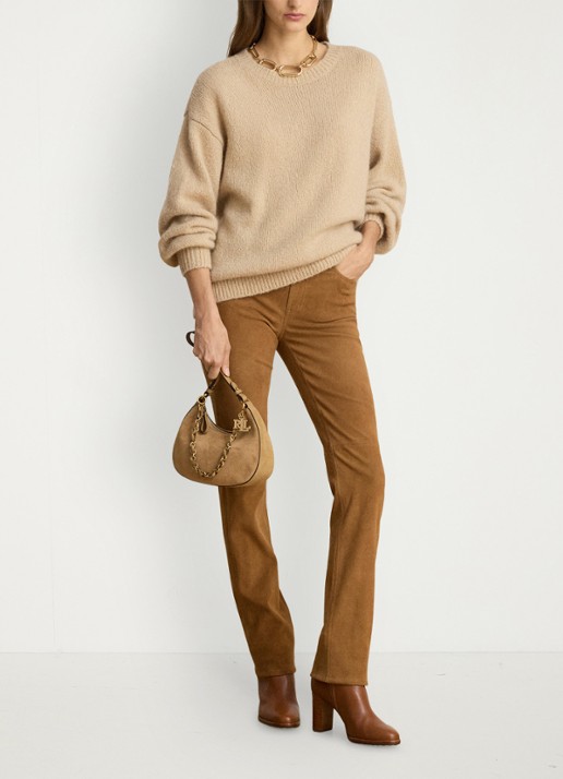 Ralph Lauren High waist slim fit broek van suède  - voorkant 4 camel suede / beige