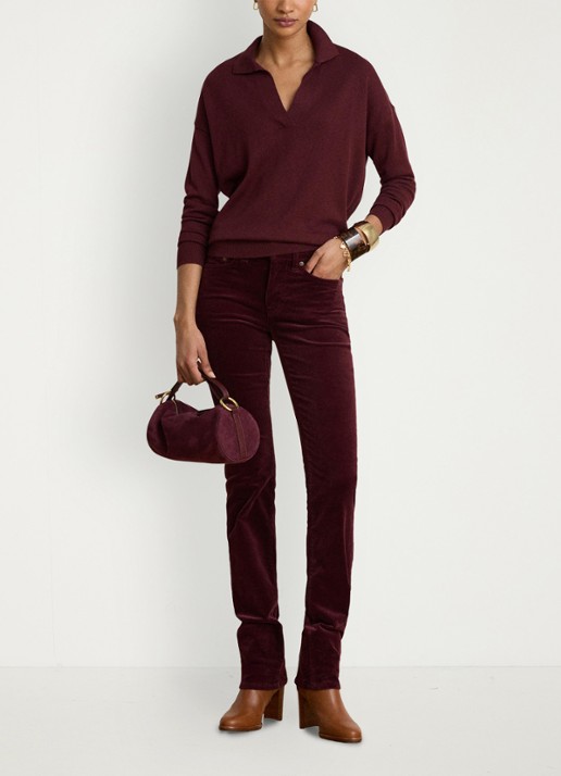 Ralph Lauren High waist slim fit jeans van corduroy - voorkant 4 dark garnet / bordeauxrood