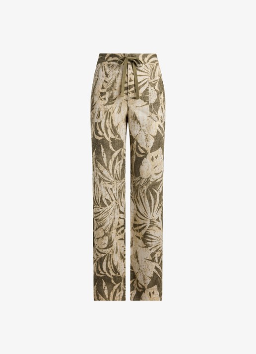 Ralph Lauren High waist wide fit broek van linnen met bladprint - voorkant 4 olive multi / groen