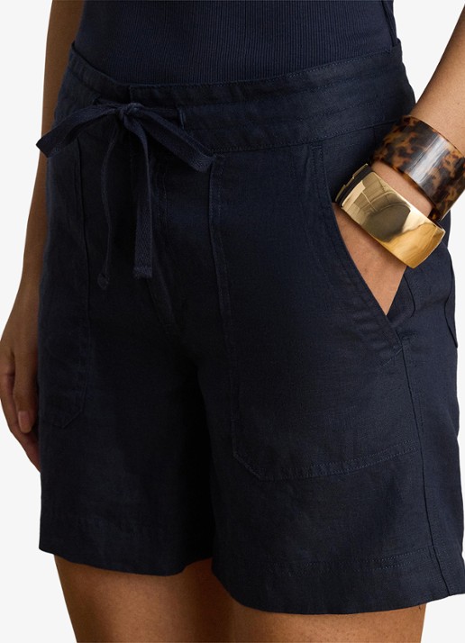 Ralph Lauren High waist wide fit korte broek van linnen - detail 4 lauren navy / donkerblauw
