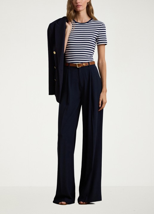 Ralph Lauren High waist wide fit pantalon met steekzakken en persplooi - voorkant 5 donkerblauw