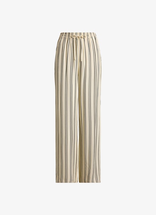 Ralph Lauren High waist wide fit pantalon met streepprint en trekkoord - voorkant 4 mascarpone crème/black / crème