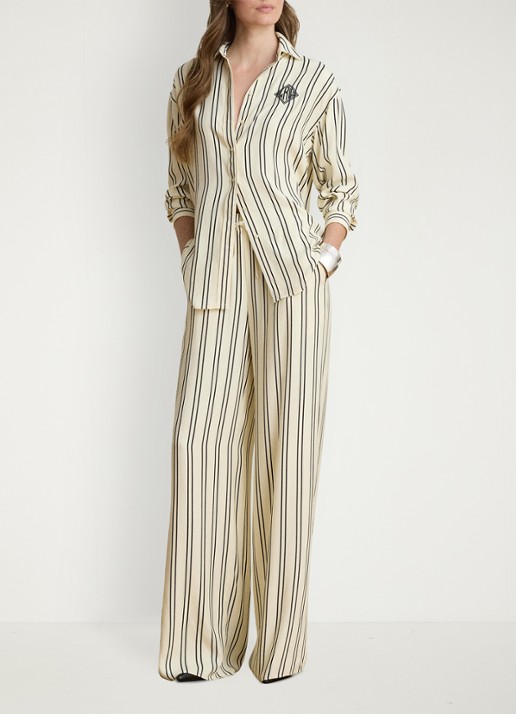 Ralph Lauren High waist wide fit pantalon met streepprint en trekkoord - voorkant 5 mascarpone crème/black / crème