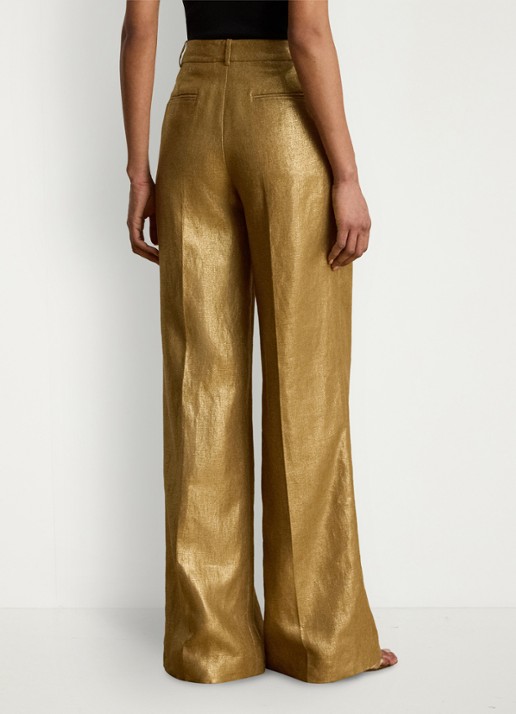 Ralph Lauren High waist wide fit pantalon van linnen met metallic finish - achterkant 5 brown/gold foil / bruin
