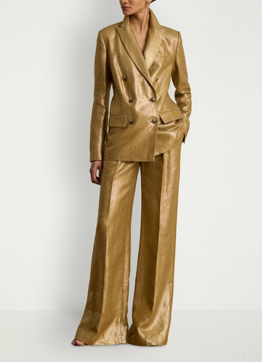 Ralph Lauren High waist wide fit pantalon van linnen met metallic finish - voorkant 2 brown/gold foil / bruin